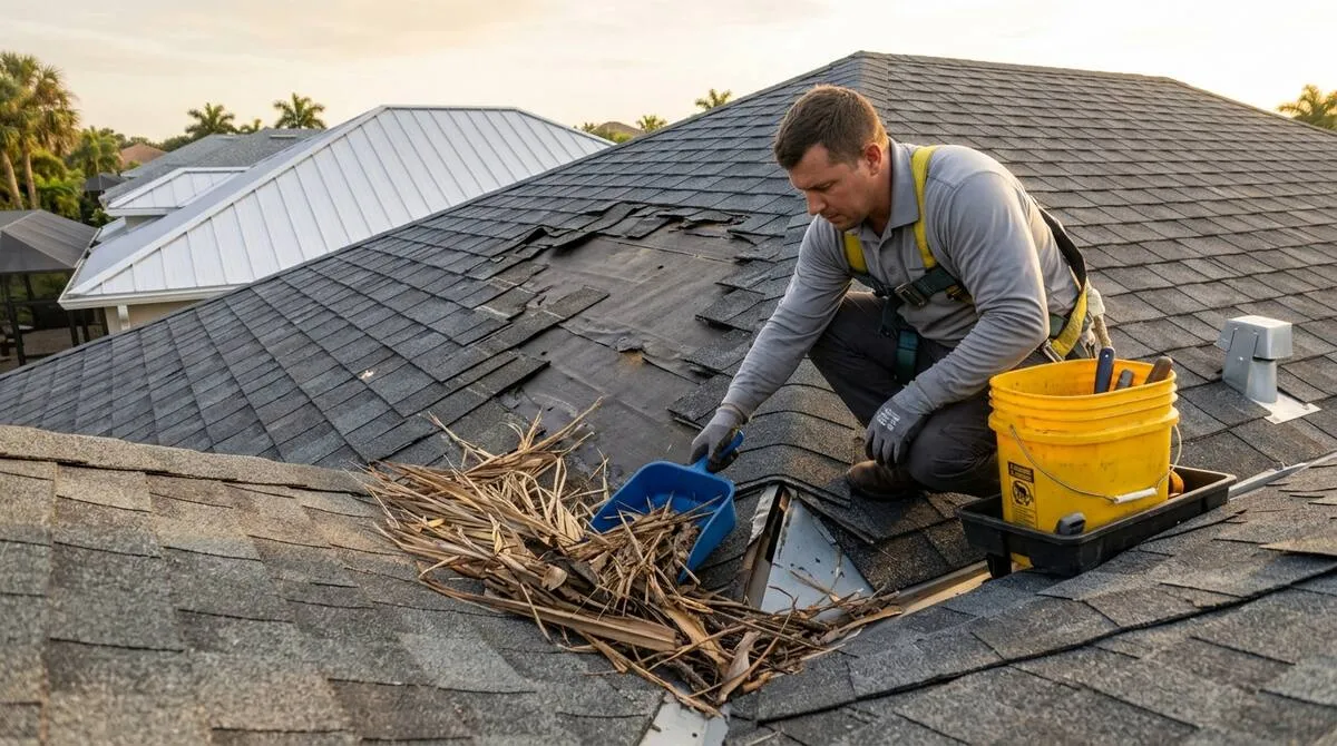 Roof being cleaned and inspected during fall maintenance