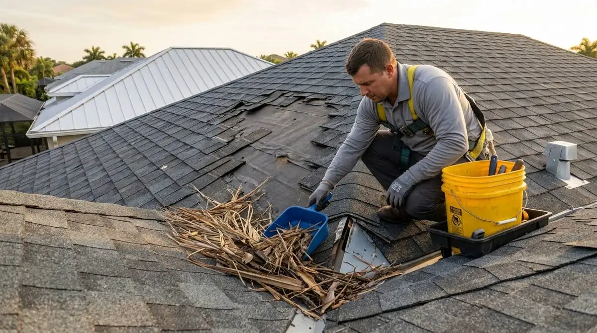 Roof being cleaned and inspected during fall maintenance