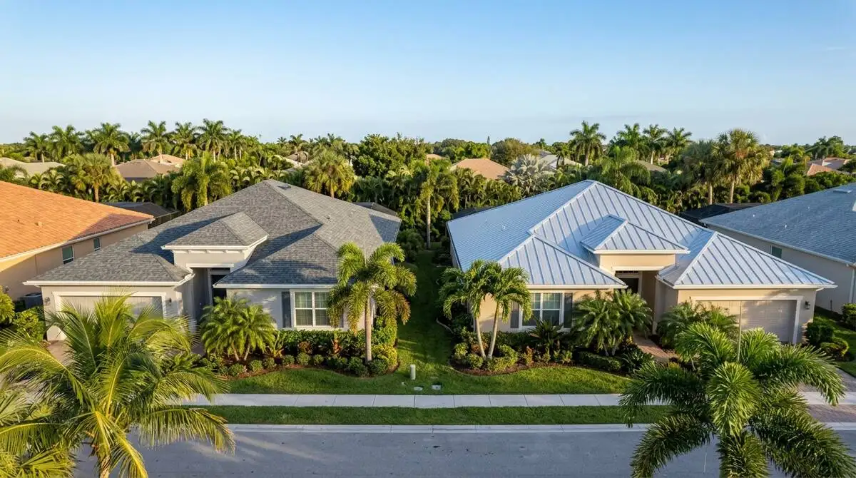 Side-by-side comparison of asphalt shingle and standing seam metal roofing