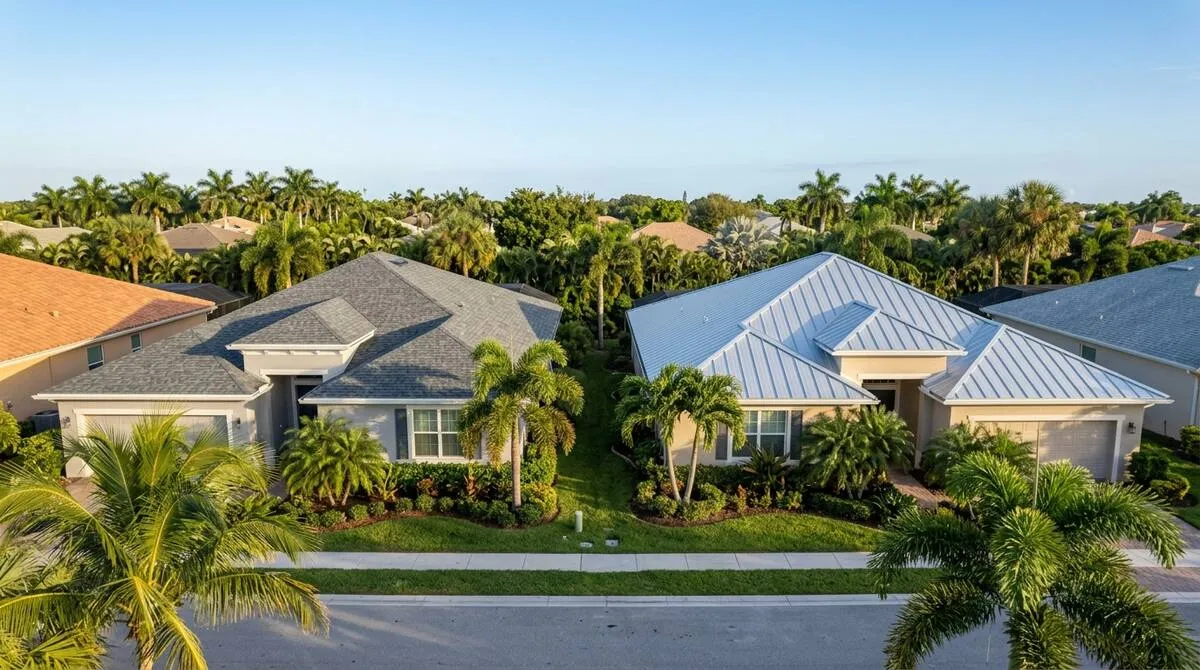 Side-by-side comparison of asphalt shingle and standing seam metal roofing