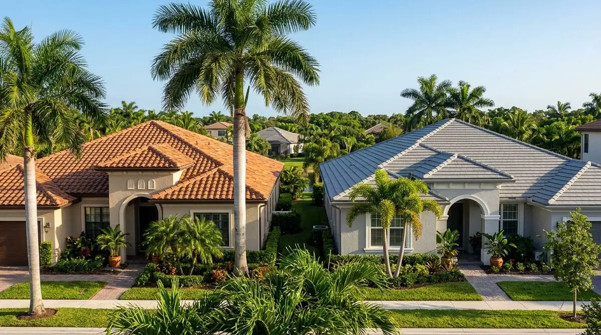 Comparison of clay barrel tiles and concrete flat tiles on adjacent South Florida homes