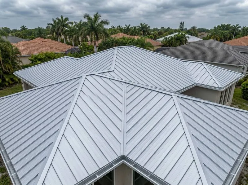 Doral modern home before and after standing seam metal roof installation