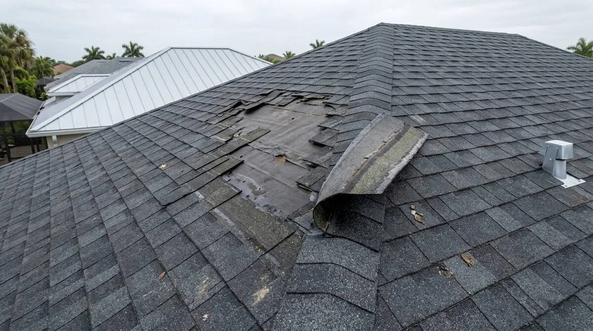 Close-up of roof storm damage with shingles missing and underlayment exposed