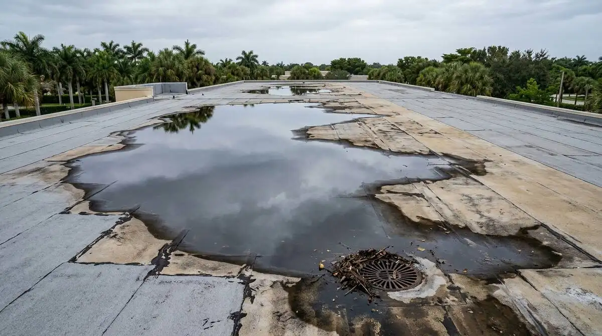 Flat commercial roof with ponding water and drainage inspection in progress