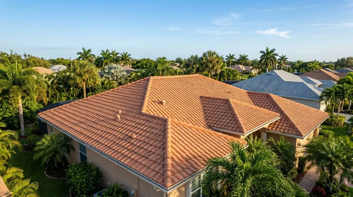 Aerial view of a South Florida home roof being inspected before hurricane season