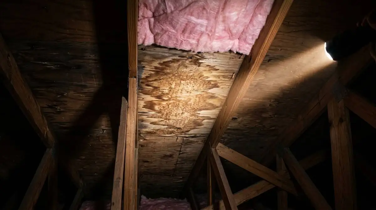Water stain on a ceiling and close-up of roof leak source
