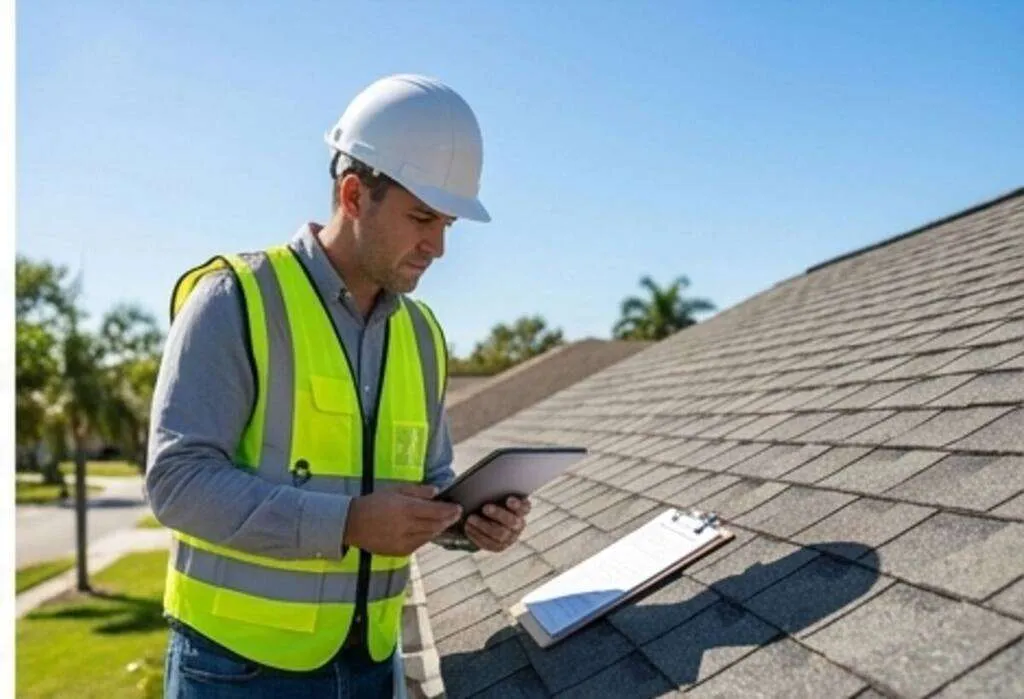 Inspector documenting roof condition with a clipboard in hand