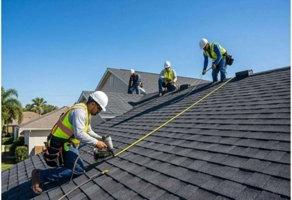 Crew installing a new asphalt shingle roof on a residential home