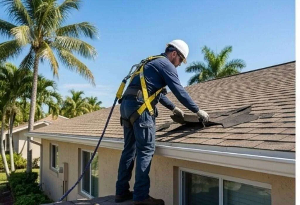 Roofing technician replacing damaged asphalt shingles on a home