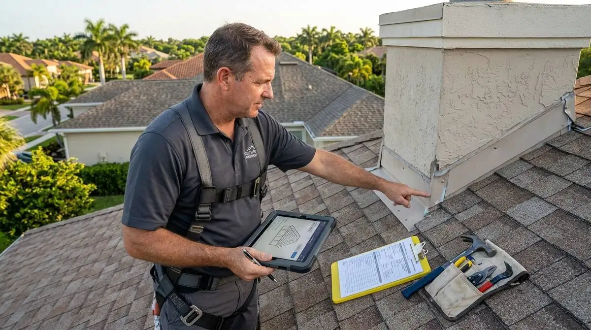 Professional roofer inspecting a residential roof with a tablet for documentation