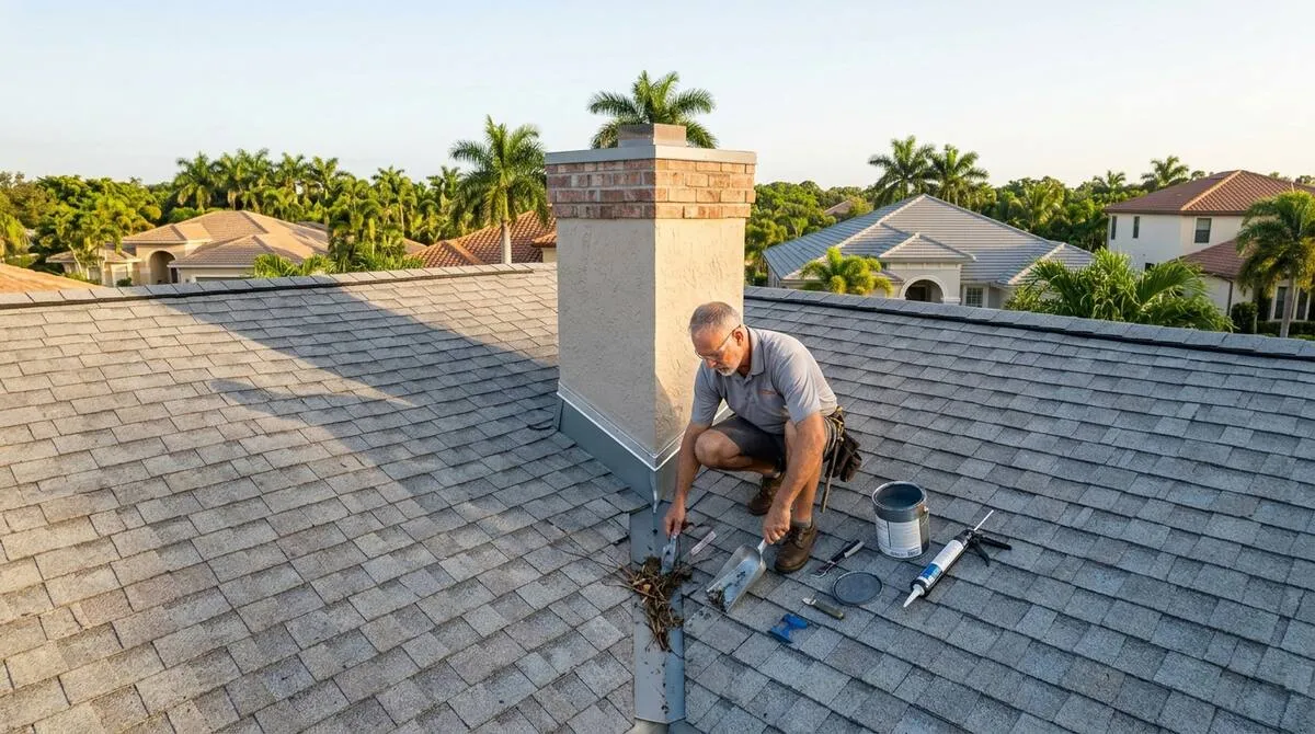 Roofer performing scheduled maintenance on a residential roof