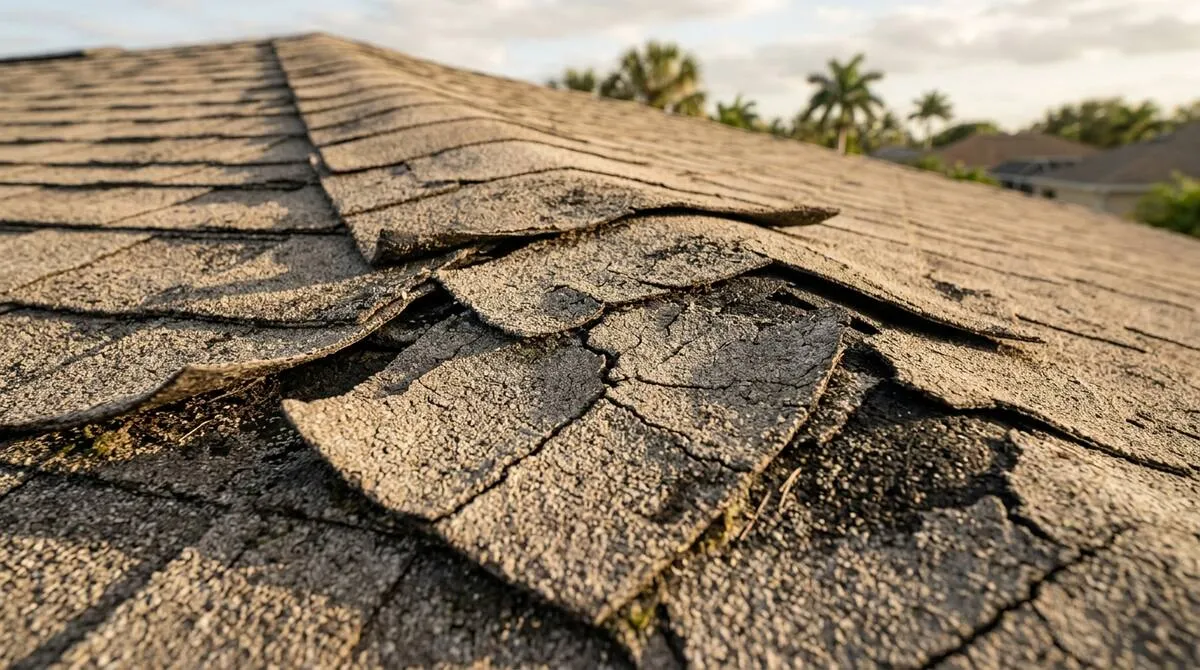 Close-up of curled and sun-damaged asphalt shingles