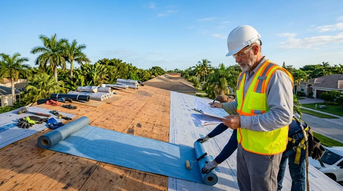 Building inspector reviewing roofing installation with code documentation