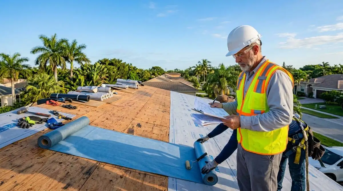 Building inspector reviewing roofing installation with code documentation