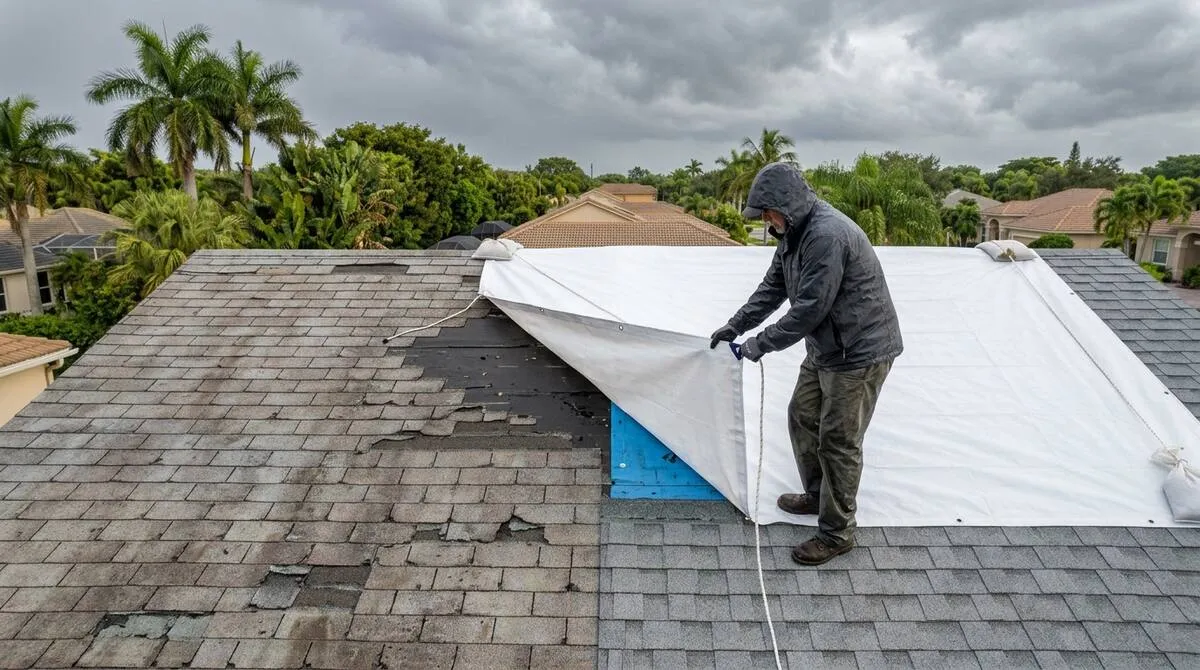Roofer installing emergency tarp on storm-damaged roof